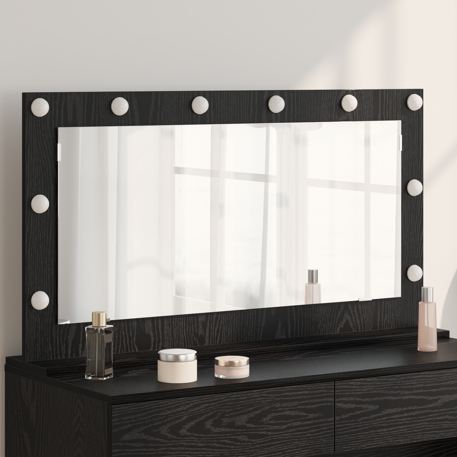 foto del prodotto specchio da toeletta con luci led nero rovere 100x55x18 cm