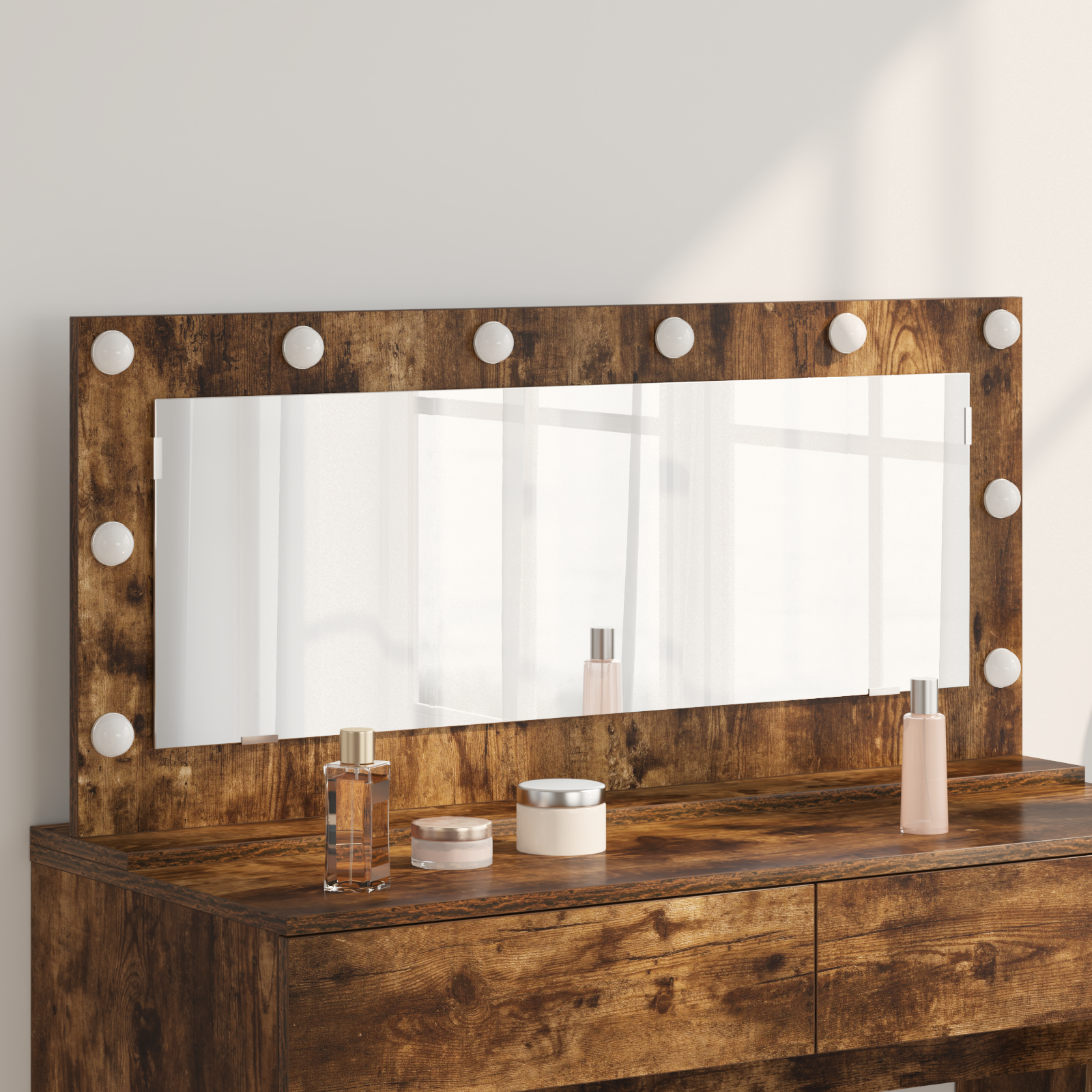 foto del prodotto specchio da toeletta con luci led rovere affumicato 100x45x18 cm