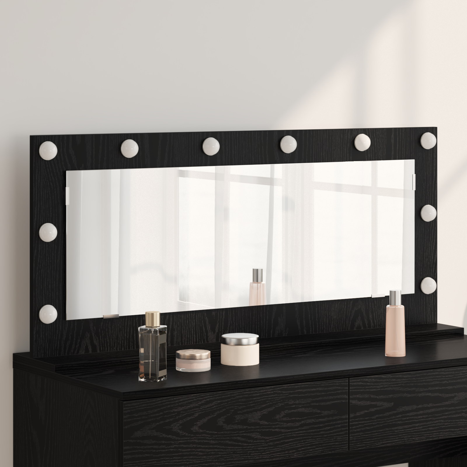 foto del prodotto specchio da toeletta con luci led rovere nero 100x45x18 cm