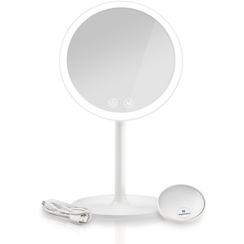 foto del prodotto specchio da trucco con luci, ricaricabile, portatile, con led da viaggio, con ingrandimento 3x, con mini specchio cosmetico, con vassoio di