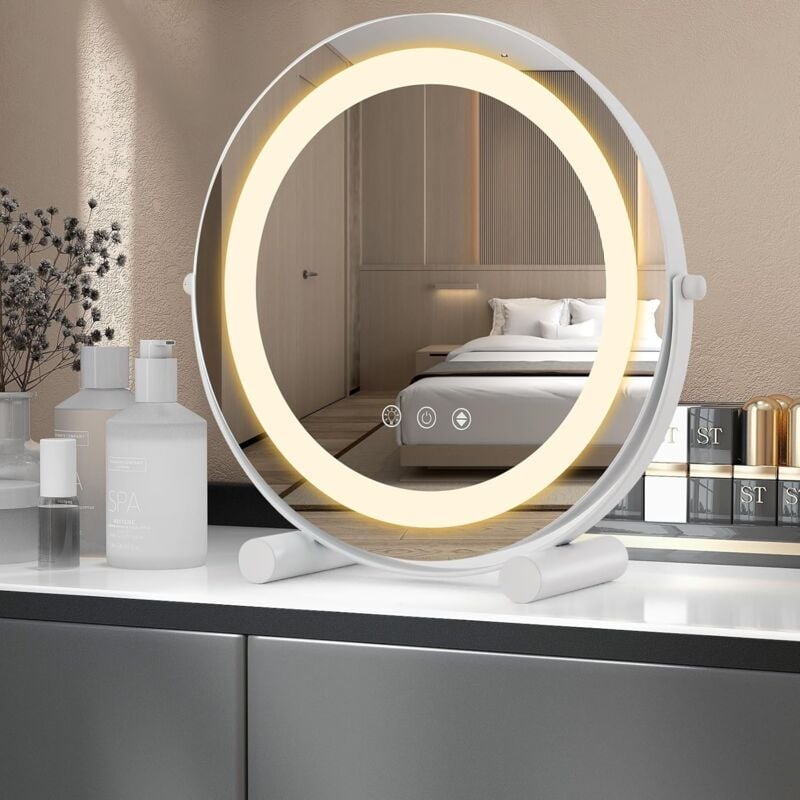 foto del prodotto specchio da trucco con luci, specchio rotondo con luminosit regolabile a 3 colori, controllo tattile intelligente, rotazione a 360 e funzione di
