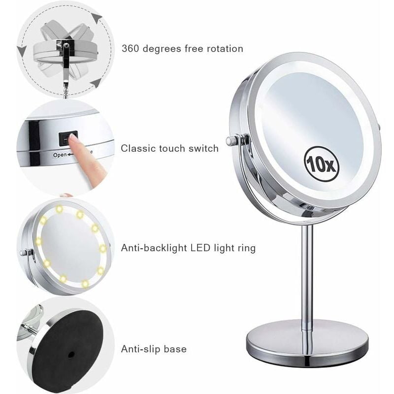 foto del prodotto specchio da trucco ingranditore 1x 10x girevole bifacciale, specchio da tavolo con rotazione a 360 , specchio cosmetico bifacciale con supporto,