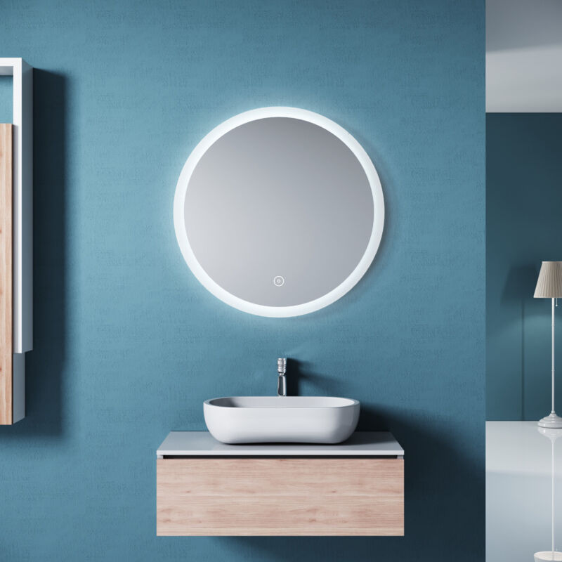 foto del prodotto specchio da trucco rotondo con sensore touch a led, antiappannamento e antipolvere, specchio da bagno 80x80 cm sirhona