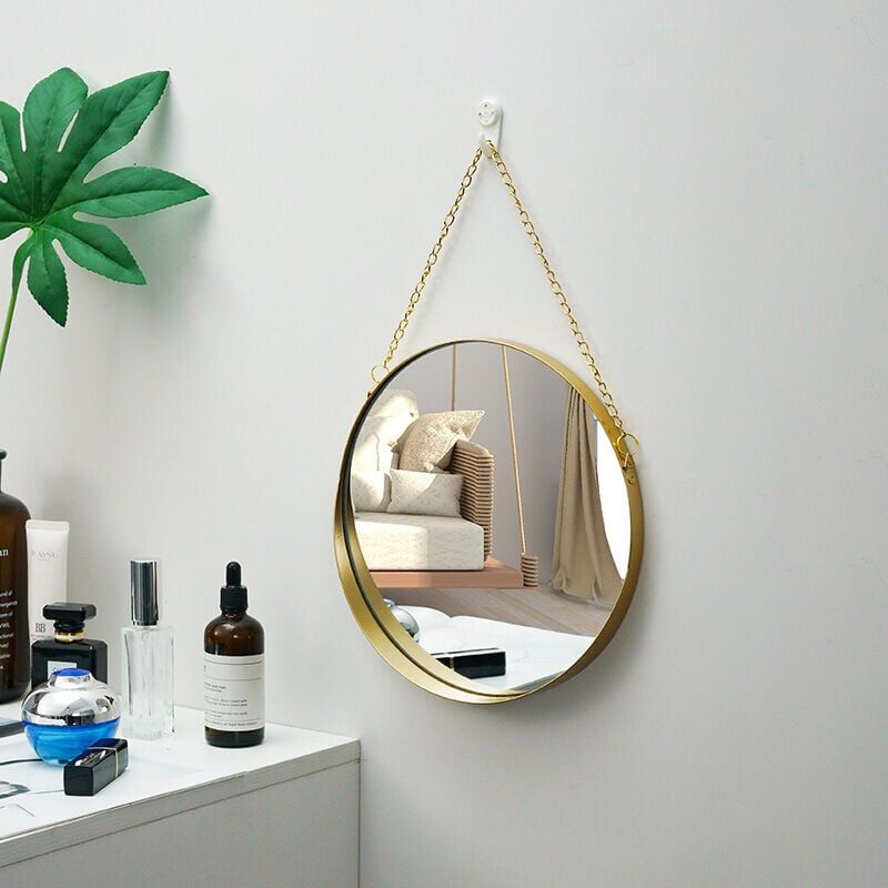 foto del prodotto specchio da trucco rotondo per il bagno con cornice in ottone e catena appesa, stile semplice