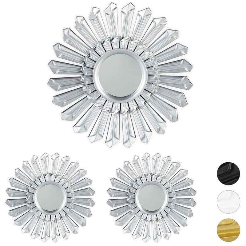 foto del prodotto specchio decorativo a forma di sole, set da 3, rotondo, da parete, cornice in plastica, 25 cm, argento relaxdays