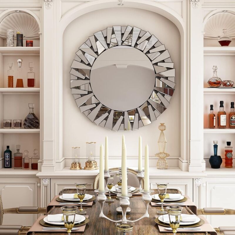 foto del prodotto specchio decorativo da parete argento rotondo 80cm vetro hd specchio con cornice moderno