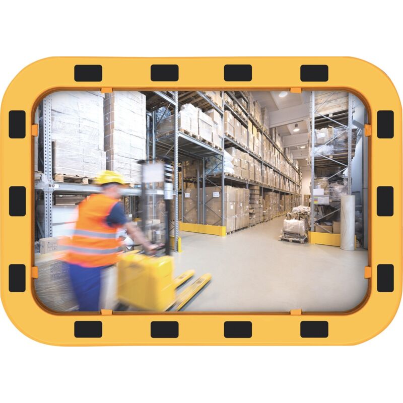 foto del prodotto specchio di sicurezza traffico h400xw600mm acrilico giallo nero circa 110 gradi vista 15m