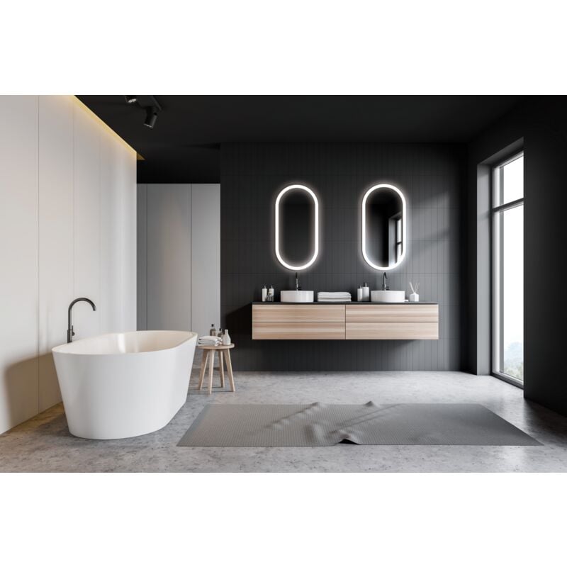 foto del prodotto specchio ellittico con cornice in acrilico illuminata per bagni, camerini doppio sensore on off, antiappannante, luce fredda, retroilluminato