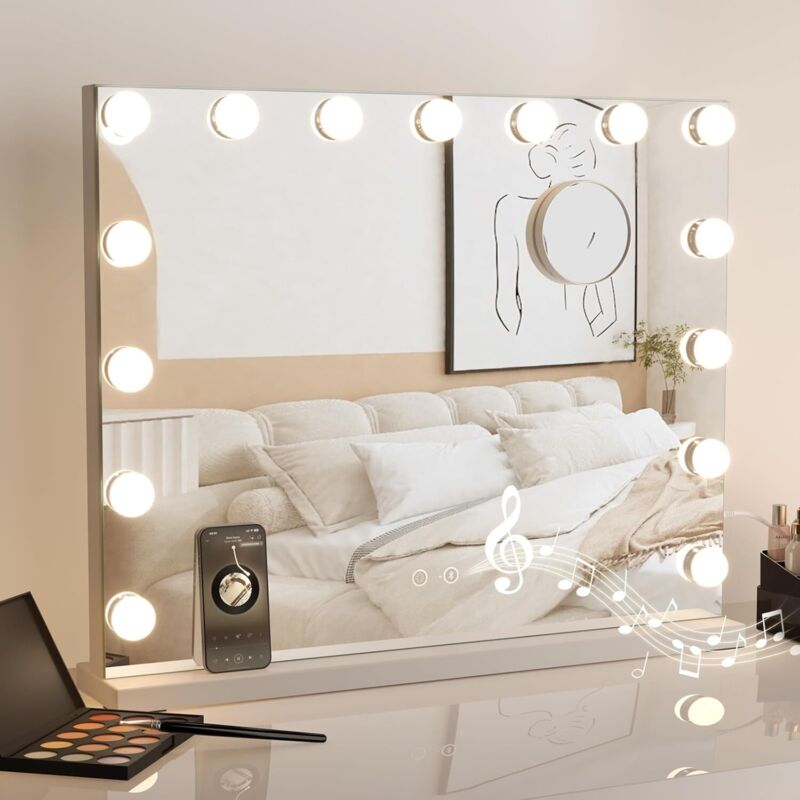 foto del prodotto specchio hollywood con lampada e altoparlante bluetooth specchio per il trucco con 15 lampadine led dimmerabili 58 x 48 cm bianco