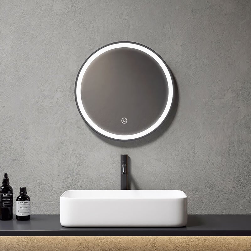 foto del prodotto specchio illuminazione da bagno rotondo, 50 cm specchio da bagno con interruttore touch, luce bianca freddo meykoers
