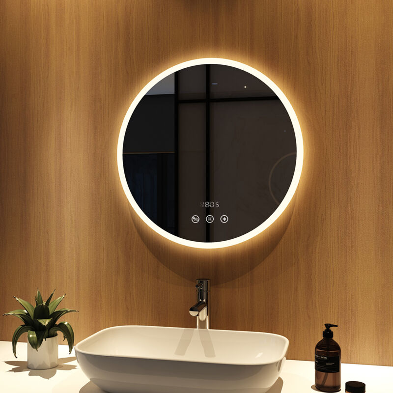 foto del prodotto specchio illuminazione da bagno rotondo 60 cm con antiappannamento, bluetooth e orologio, specchio parete con interruttore touch meykoers