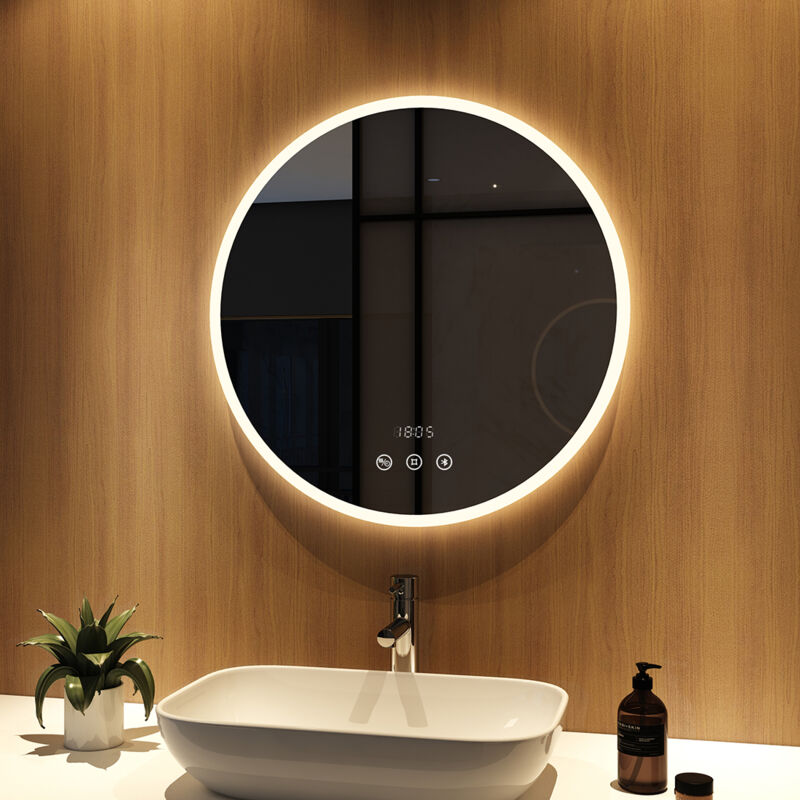foto del prodotto specchio illuminazione da bagno rotondo 70 cm con antiappannamento, bluetooth e orologio, specchio parete con interruttore touch meykoers