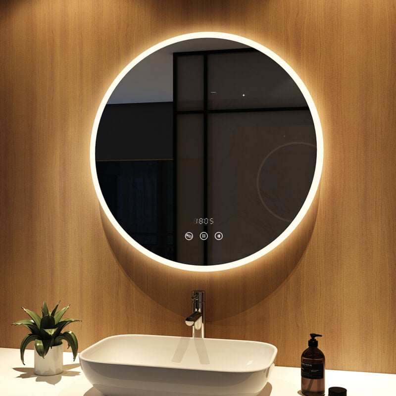 foto del prodotto specchio illuminazione da bagno rotondo 80 cm con antiappannamento, bluetooth e orologio, specchio parete con interruttore touch meykoers