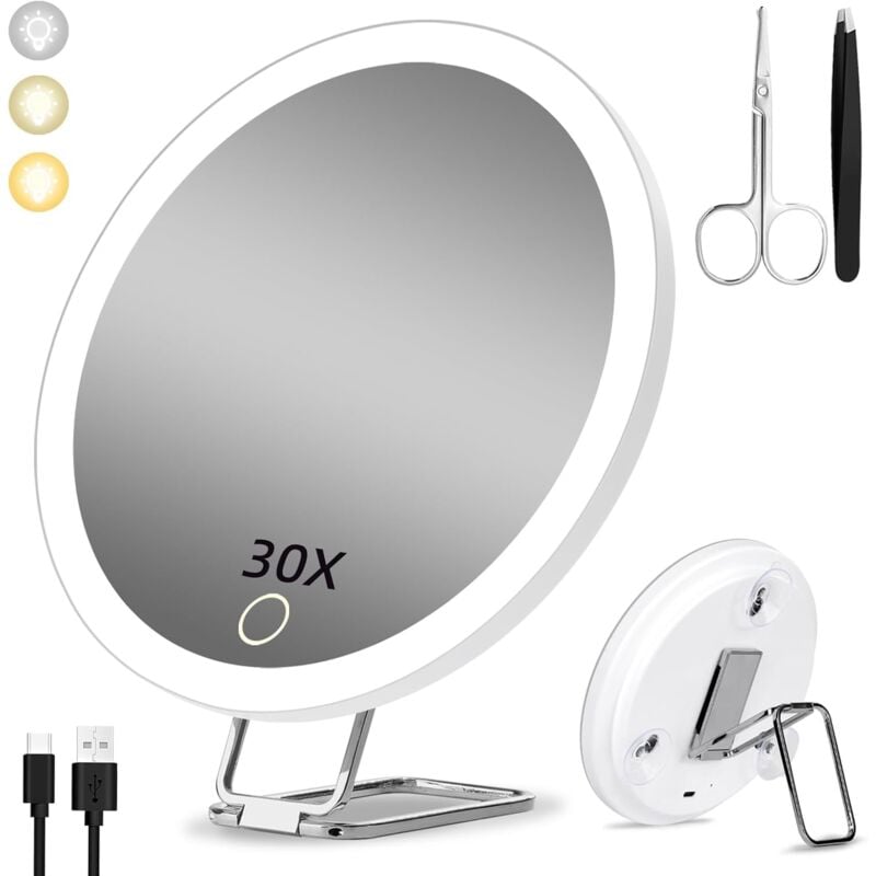 foto del prodotto specchio ingranditore 30x con luce, 15 cm, 3 modalit di oscuramento, specchio per il trucco illuminato 30x, grande specchio ingranditore da viaggio