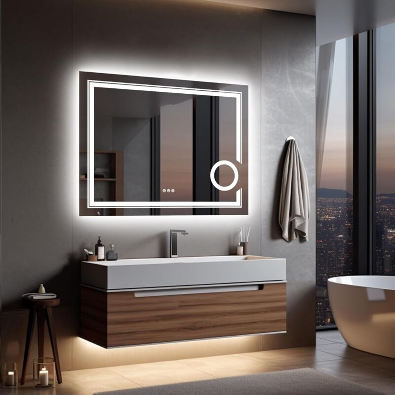 foto del prodotto specchio ingranditore 3x da bagno con led luce retroilluminato frontale specchio smart rettangolare da trucco 90x70cm luvodi