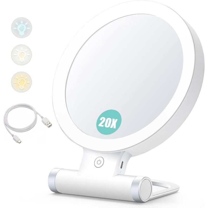 foto del prodotto specchio ingranditore con luce, 20x 1x, specchio per trucco portatile bifacciale, illuminazione a 3 colori, touch screen regolabile