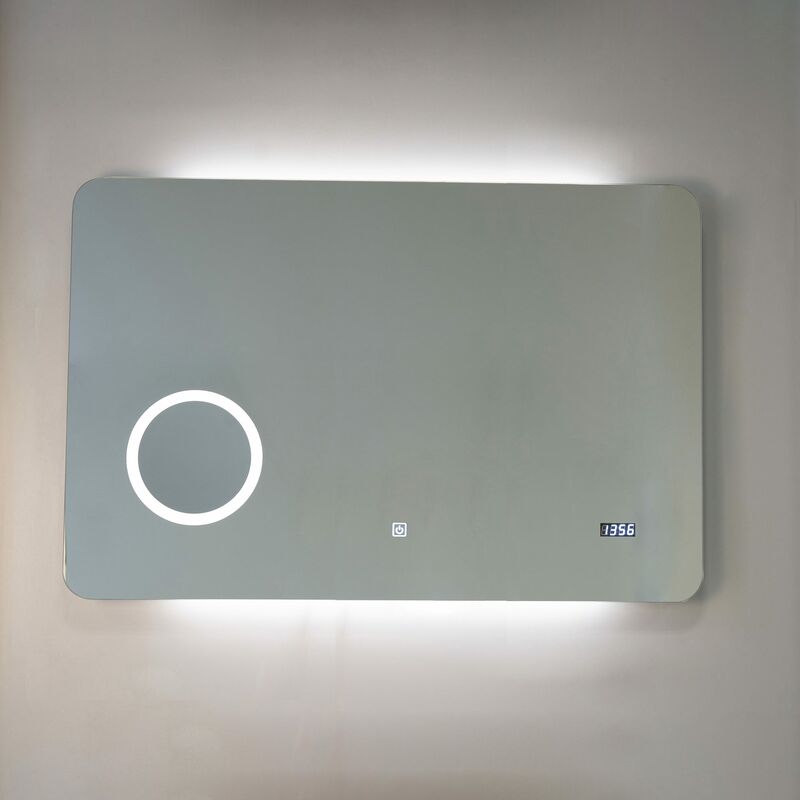foto del prodotto specchio led 100x70 con lente ingranditore e orologio digitale touch system