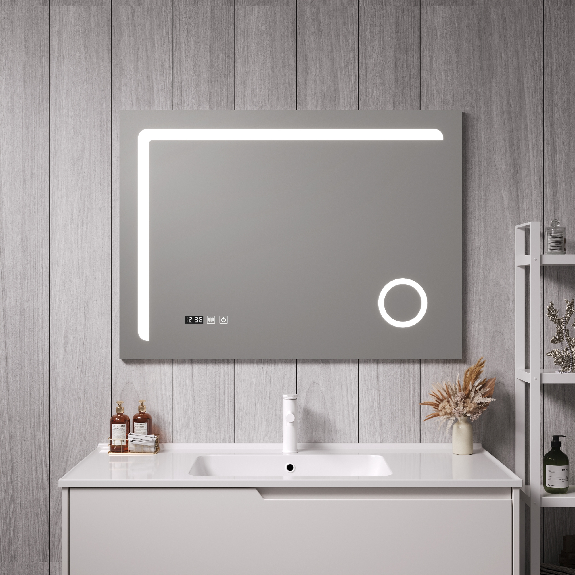 foto del prodotto specchio led da parete chambave multifunzionale cornice argentata 100 x 70 cm pro.tec