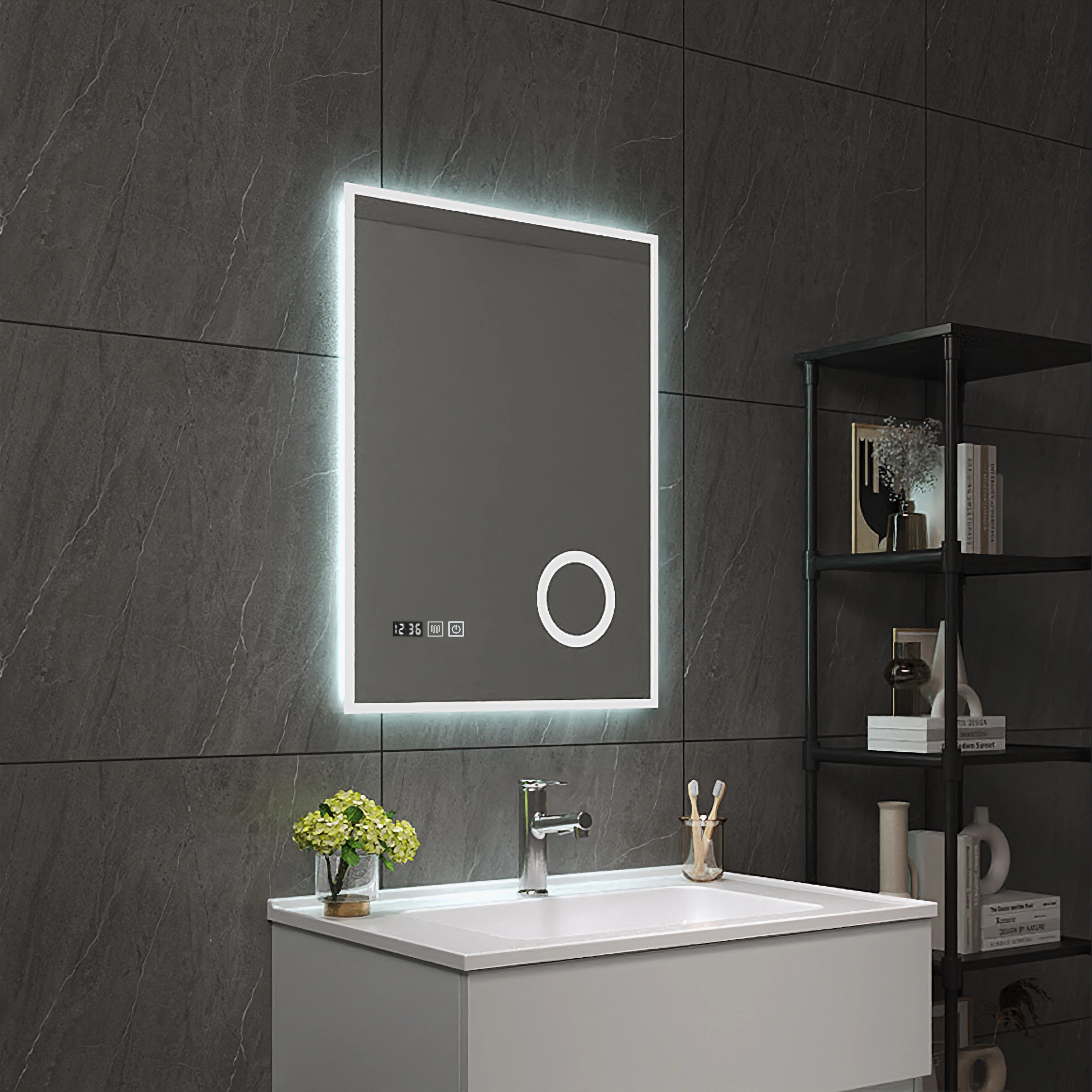 foto del prodotto specchio led da parete lizzano multifunzionale cornice bianca 50 x 70 cm pro.tec