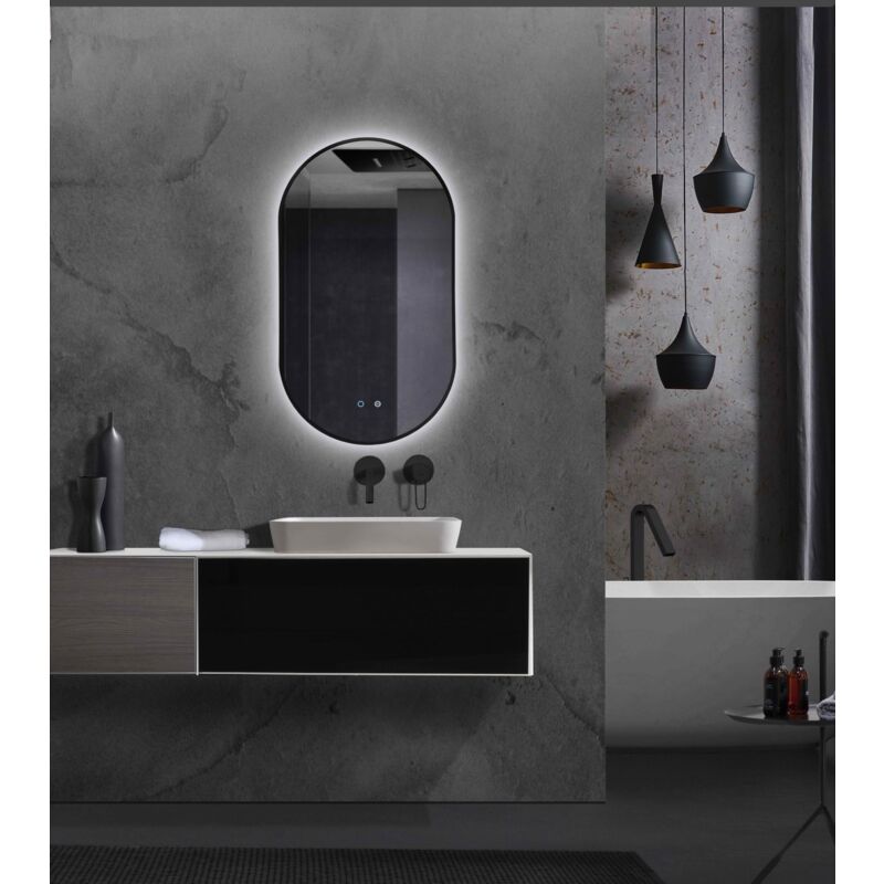 foto del prodotto specchio led per bagno, spogliatoio, trucco con cornice nero opaco tricolore retroilluminato interruttore touch antiappannamento 50x90cm