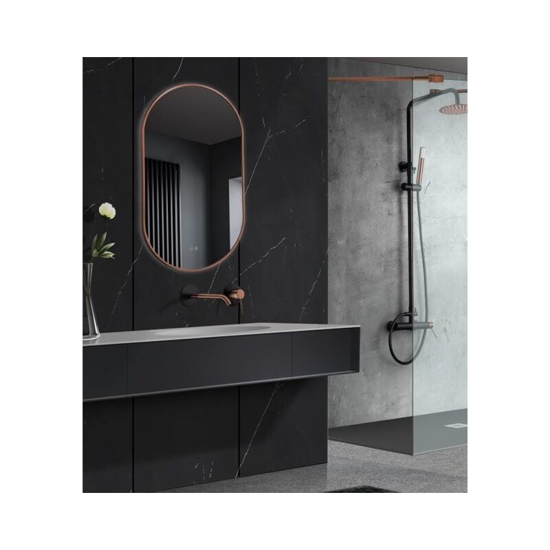 foto del prodotto specchio led per bagno, spogliatoio, trucco con cornice oro rosa spazzolato, luce triled retroilluminata interruttore touch antiappannamento