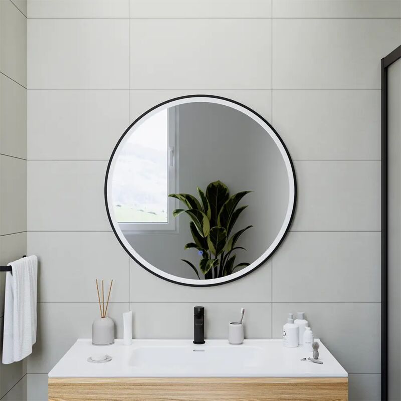 foto del prodotto specchio led tondo 100 cm con cornice nero opaco e sensore touch screen