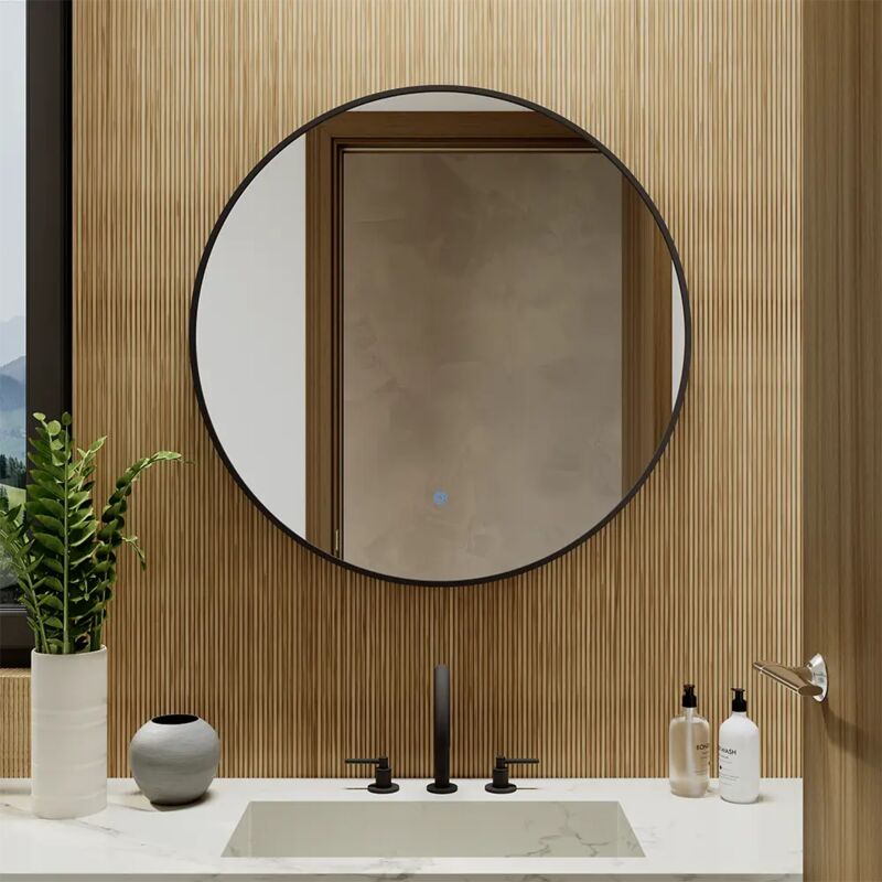 foto del prodotto specchio led tondo 60 cm con cornice nero opaco retroilluminato sensore touch screen