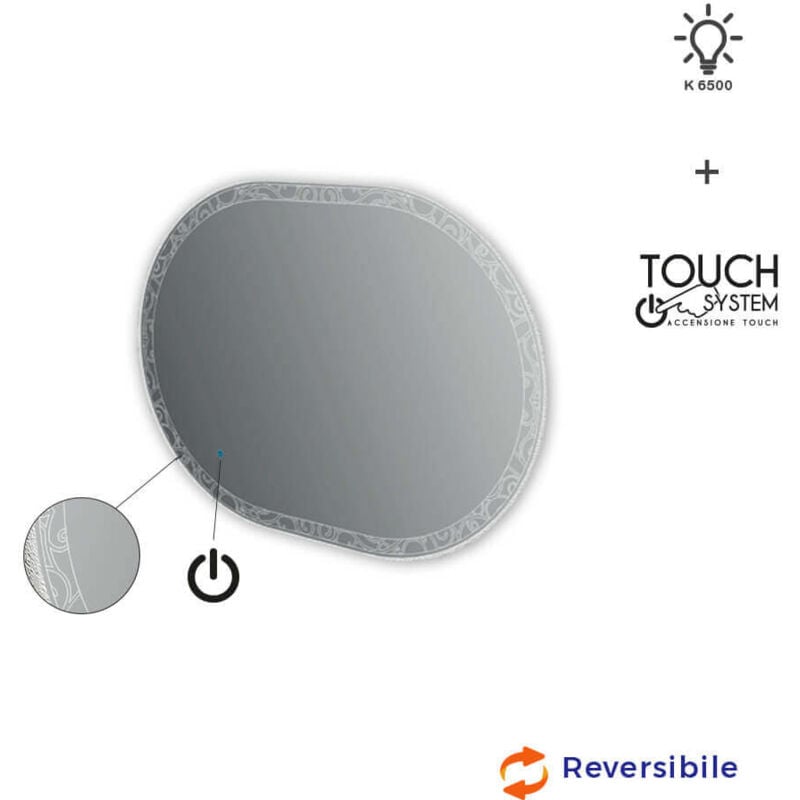 foto del prodotto specchio led touch ovale con disegno intarsiato 75x100