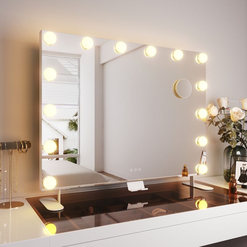 foto del prodotto specchio make up con funzione di ricarica bluetooth e usb. portacellulare con lente d ingrandimento 10x, luce regolabile a 3 colori 80 60cm sirhona