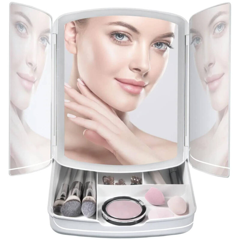 foto del prodotto specchio make up con luci a led e cassetti per trucco regolabile pieghevole away trade shop traesio