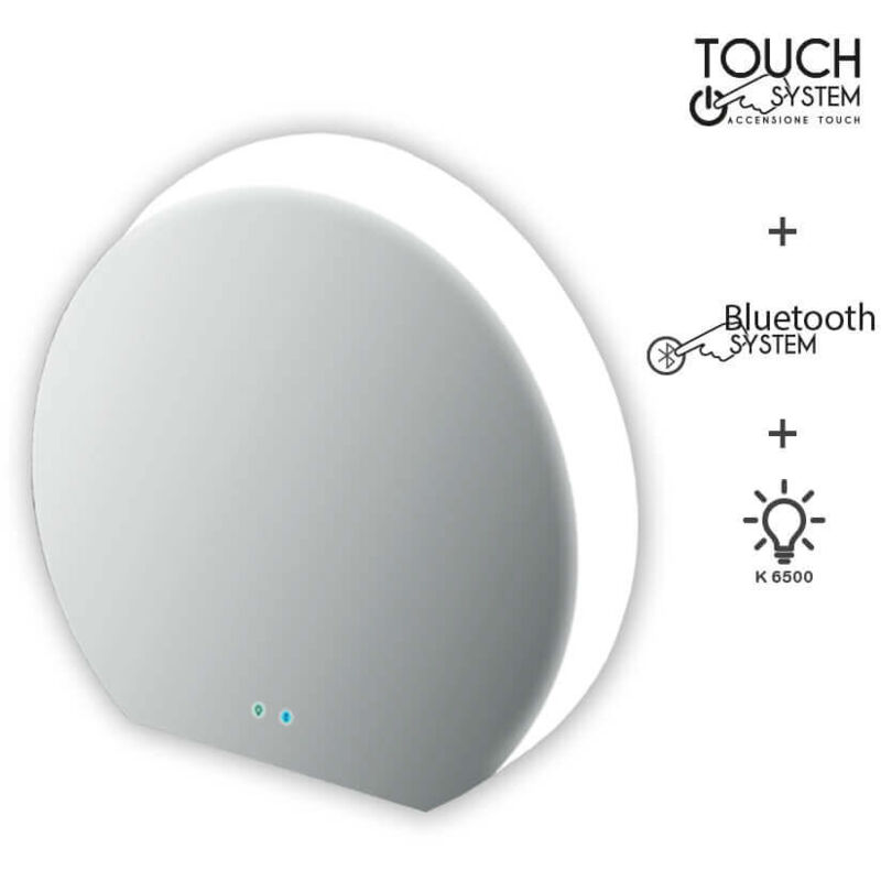 foto del prodotto specchio mezzaluna led retroilluminato accensione touch con casse bluetooth 98 x 109