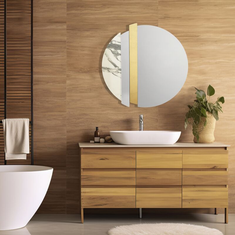 foto del prodotto specchio moderno 80 cm con decori foglia oro e effetto marmo bianco kevin