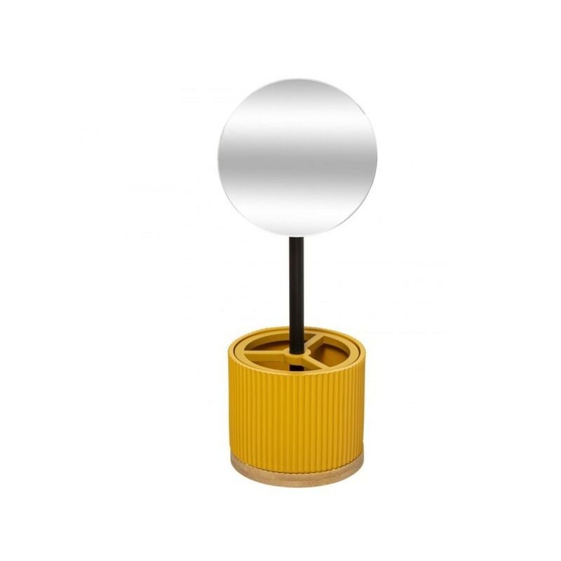 foto del prodotto specchio moderno con portaoggetti giallo diametro 14x h35 cm