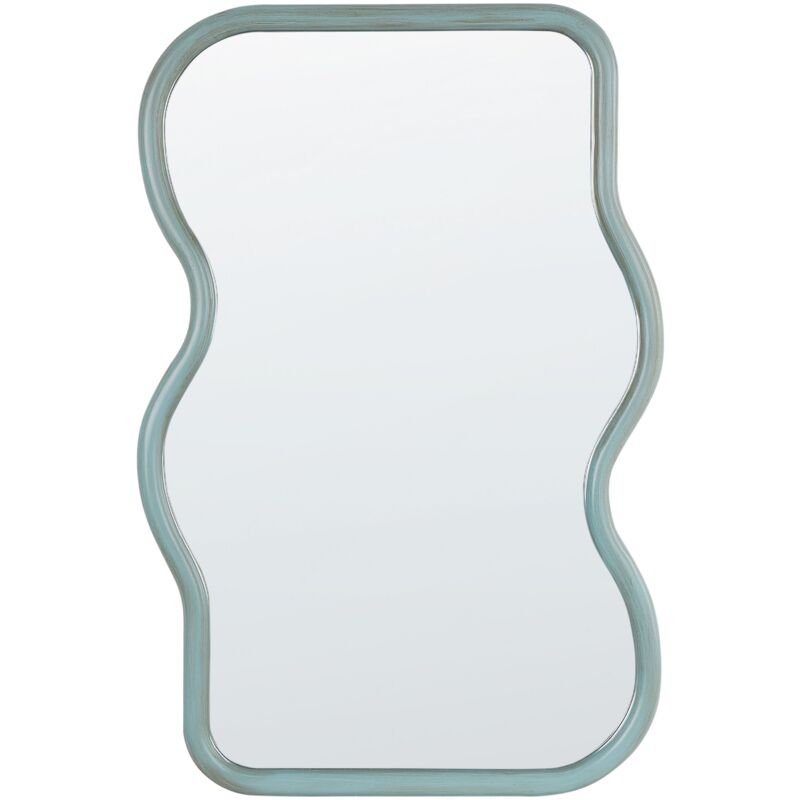 foto del prodotto specchio moderno da parete con cornice in legno di paulownia di forma irregolare e ganci blu ronnet