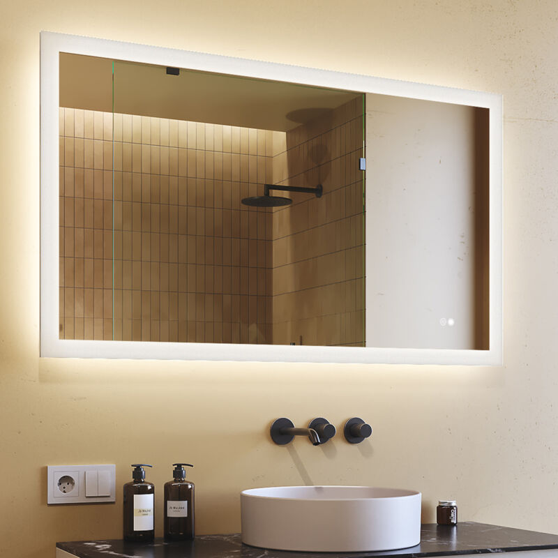 foto del prodotto specchio murale led 120x70 specchio da bagno con interruttore tattile mezzo e antifog, 3 temperature di colore