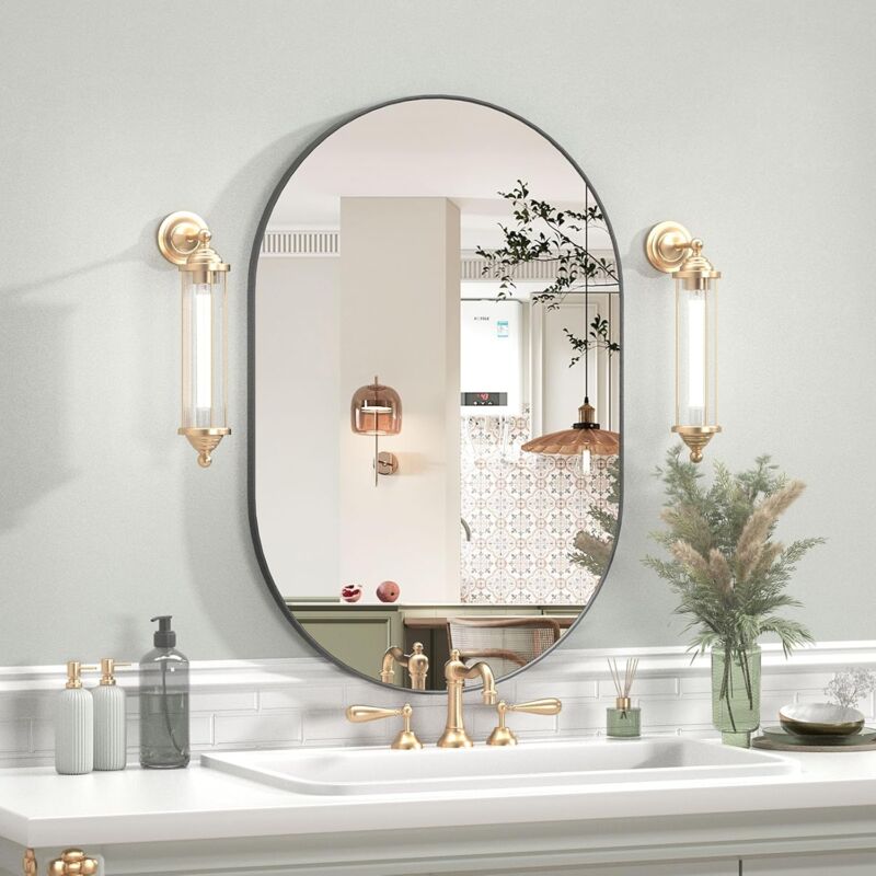 foto del prodotto specchio ovale da bagno 50x75 cm, cornice in metallo, specchio da parete esclusivo, specchio da toeletta nero per soggiorno e bagno.