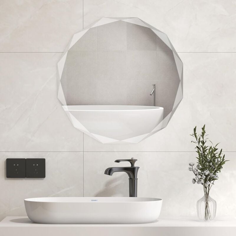 foto del prodotto specchio per bagno 76 cm, specchio da parete argento lucidato, senza cornice, specchio rotondo di design irregolare antiesplosione per bagno