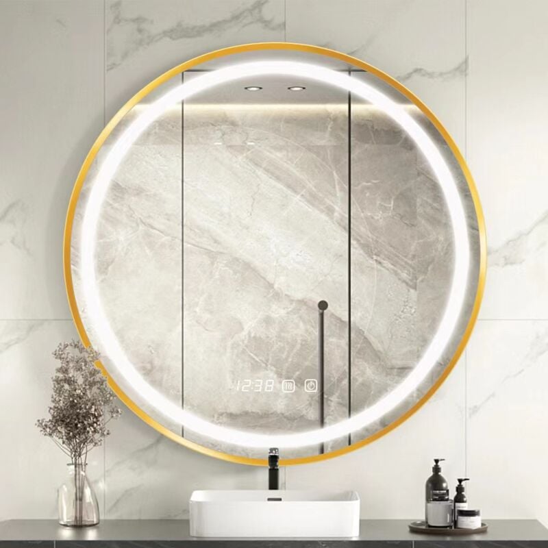 foto del prodotto specchio per bagno con luci specchio da bagno rotondo a led 60603 specchio cosmetico con cornice dorata con sensore tattile, luce bianca bianca calda