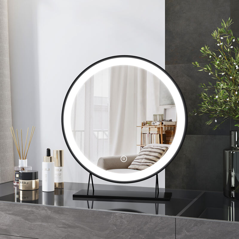 foto del prodotto specchio per cosmesi rotondo a led 40cm con 3 colori di luce dimmerabili 3000 6500k specchio cosmetico con interruttore a sfioramento nero heilmetz