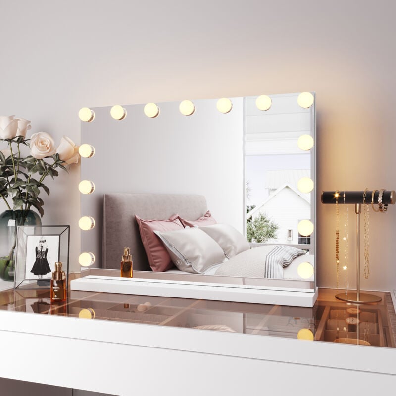 foto del prodotto specchio per il trucco con led illuminato 15 lampadine e tocco 3 colori regolabili 58x45.5x12 luci specchio hollywood vanity mirror