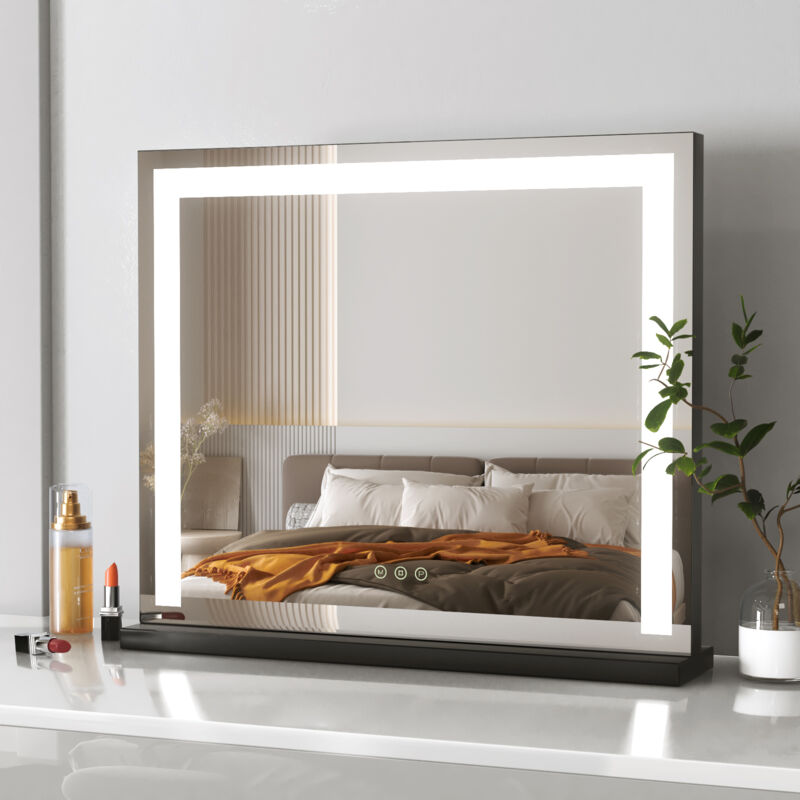 foto del prodotto specchio per il trucco con led illuminato 50x42x12cm nero hollywood vanity mirror con tocco e 3 colori regolabili meykoers