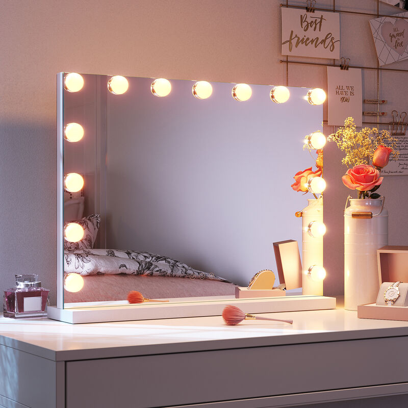 foto del prodotto specchio per il trucco con led illuminato 58x45.5x12 cm, 15 lampadine e tocco 3 colori regolabili, luci specchio hollywood vanity mirror sirhona