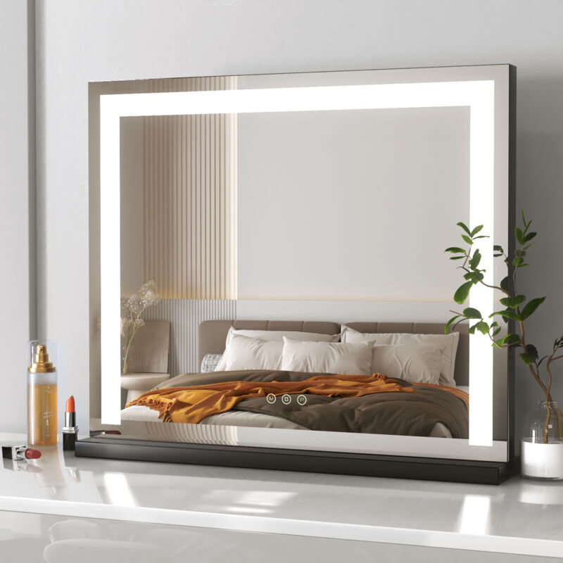 foto del prodotto specchio per il trucco con led illuminato 60x52x12cm nero hollywood vanity mirror con tocco e 3 colori regolabili meykoers