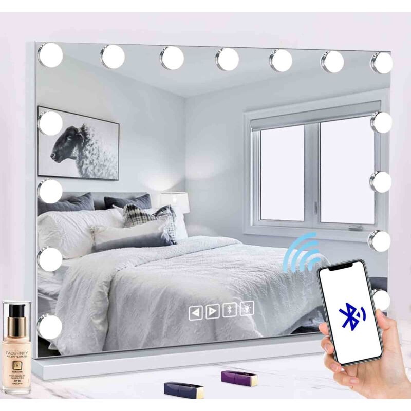 foto del prodotto specchio per il trucco hollywood 1 pezzo con bluetooth e 15 luci a led