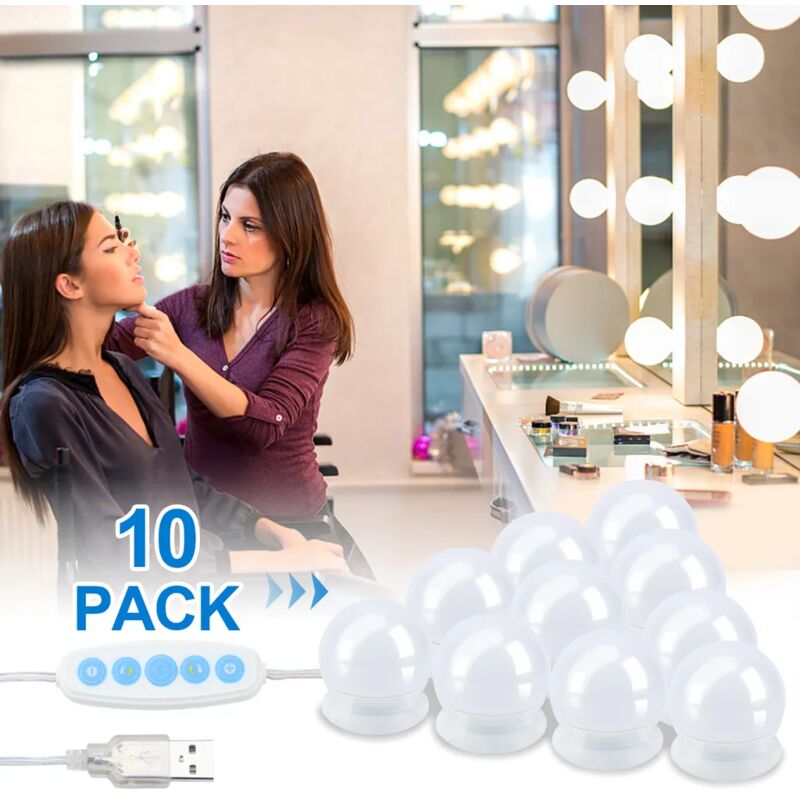 foto del prodotto specchio per il trucco illuminato a led con 10 lampadine dimmerabili, 3 colori, stile hollywood, cavo usb