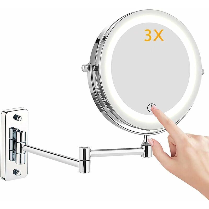 foto del prodotto specchio per il trucco illuminato a led, specchio per il trucco bifacciale da parete con ingrandimento 1x 3x, girevole a 360 , pieghevole, in metallo