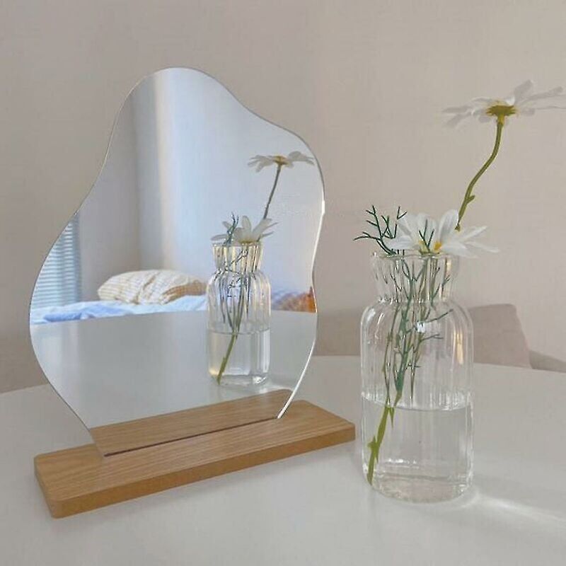 foto del prodotto specchio per il trucco in acrilico senza cornice, specchio decorativo da tavolo, forma irregolare con base in legno per camera da letto, soggiorno e