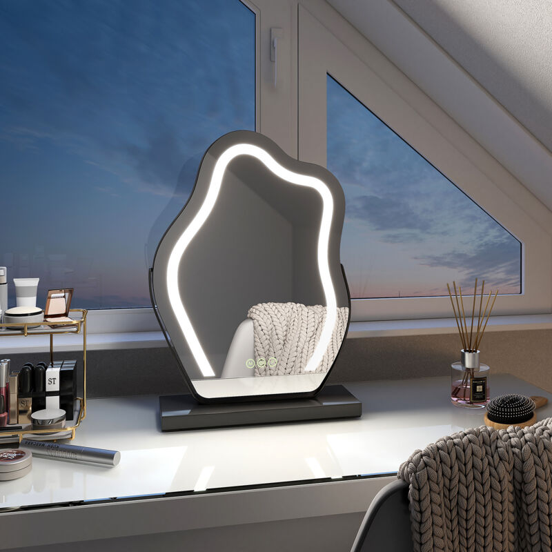 foto del prodotto specchio per trucco con led specchio cosmetico irregolare design moderno interruttore tattile 3 colori dimmerabile rotazione di 360 cornice nera