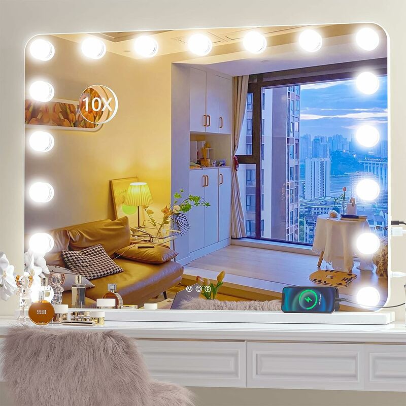 foto del prodotto specchio per trucco hollywood 60x50 cm, 17 lampadine a led, specchio tattile dimmerabile con illuminazione leggera per toletta, bagno