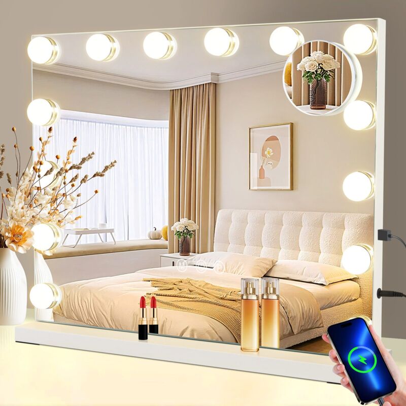 foto del prodotto specchio per trucco hollywood con illuminazione gbly 50 x 40 cm 15 specchi led dimmerabili con luce 3 modalit di illuminazione touch control e lente